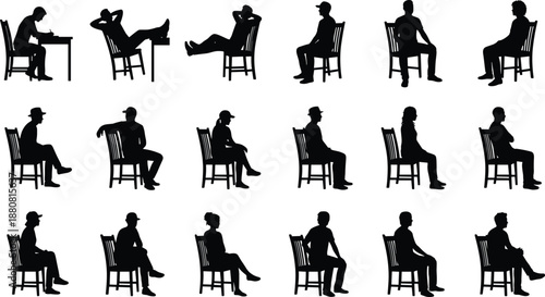 Man sitting on chair silhouettes set, male seated poses collection, waiting and thinking positions, everyday posture concept, black silhouette illustration