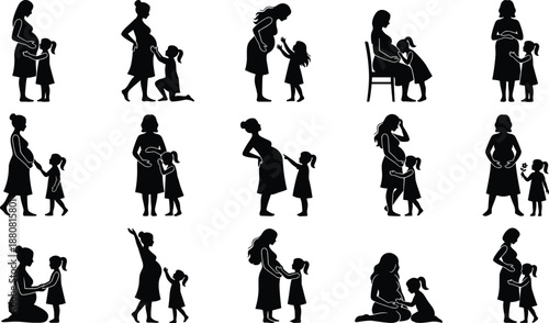 Mother and child silhouette collection, pregnant woman bonding with daughter, family love care moments, motherhood lifestyle illustration vector