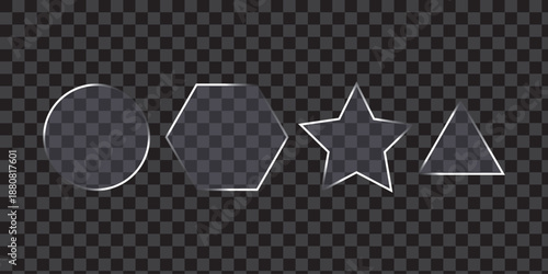 Modern transparent frame with 3d glass button shapes for design and morphism style. Glossy interface elements highlight smooth button concept