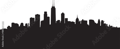Silhouette of a city skyline featuring a tall central skyscraper