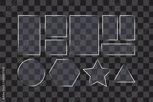 Modern transparent frame with 3d glass button shapes for design and morphism style. Glossy interface elements highlight smooth button concept