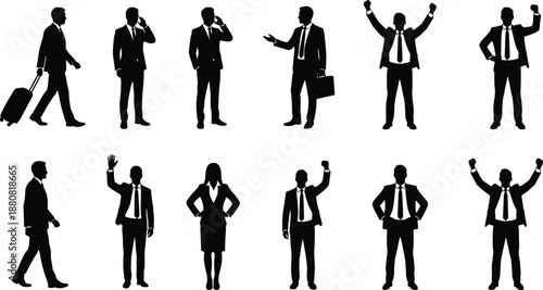 Business people silhouette collection, professional men and women poses, office work success gestures, corporate lifestyle illustration, black vector set
