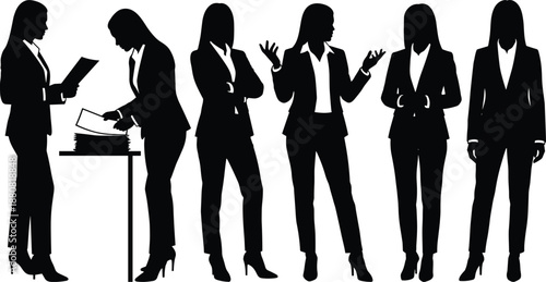 Business women silhouettes set, professional female office poses, corporate teamwork and leadership concept, working women, black silhouette illustration collection
