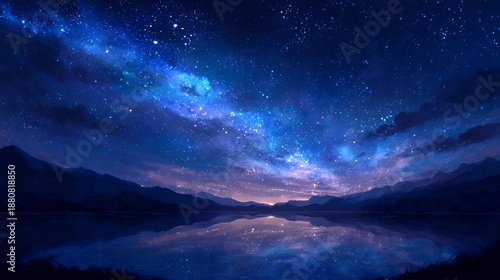 夜空の天の川と満天の星が湖面に映る幻想風景