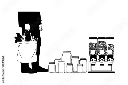 Zero waste lifestyle silhouette with reusable bag and jars. Sustainable shopping and eco-friendly plastic-free living concept vector.
