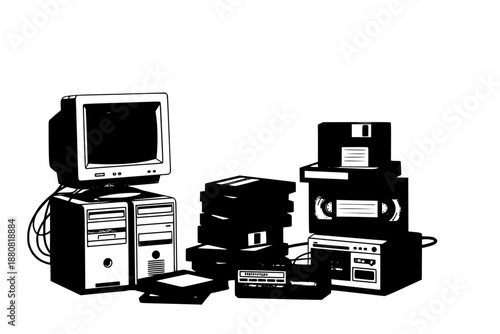 Retro 90s technology stack silhouette with CRT monitor, VHS tapes and floppy disks. Vintage computing and Y2K nostalgia vector.