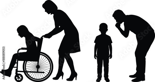 Caregiver and family silhouettes showing disability support, parenting guidance, child care, compassion, assistance, protection, and responsible family lifestyle concept illustration