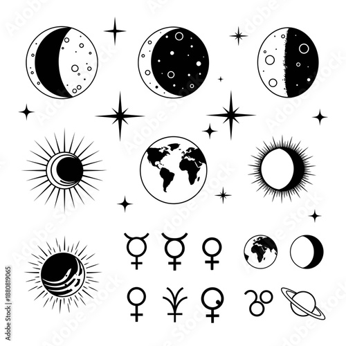 Celestial mystic collection featuring phases of the moon, sun, earth, stars, planets and astrological symbols in a magical, bohemian, spiritual design