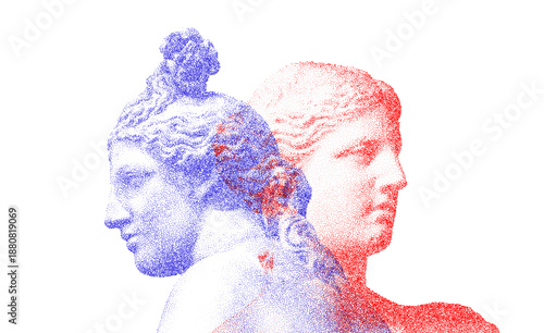 Halftone Print of Classical Sculpture. Retro Pop Art Style with Dual Ancient Statues
