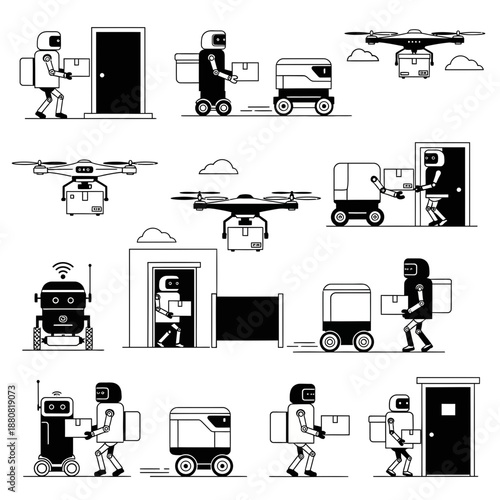 Futuristic robot delivery services offering contactless options with drones and self driving vehicles, showcasing efficiency and innovation for modern logistics