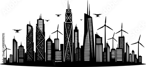 Sustainable green city skyline silhouette with vertical gardens and futuristic architecture. Eco-friendly urban future concept vector.