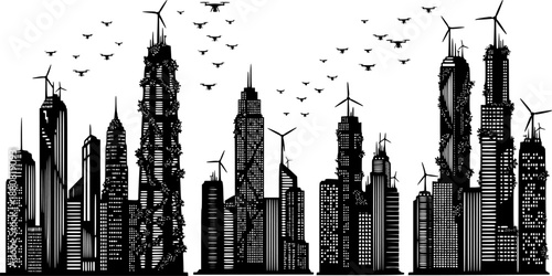 Sustainable green city skyline silhouette with vertical gardens and futuristic architecture. Eco-friendly urban future concept vector.