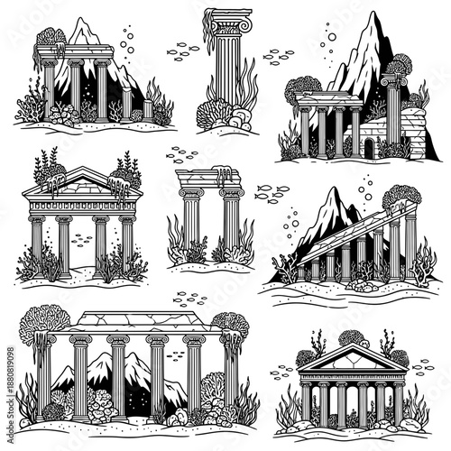 Explore captivating lost underwater city ruins with ancient Greek architecture, perfect for fantasy game assets, historical fiction, or captivating mythical designs