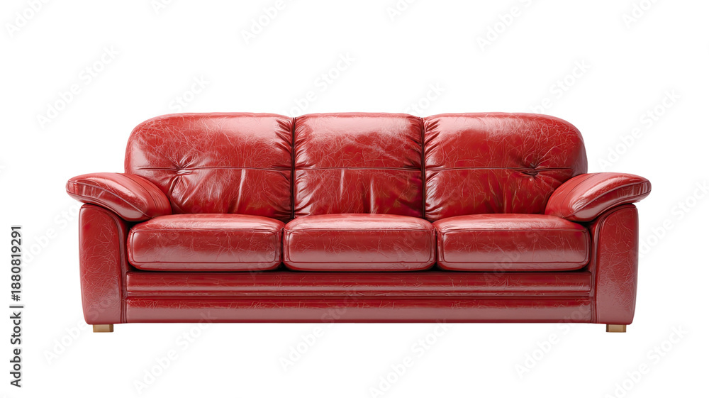 Fototapeta premium Luxury red leather sofa and armchair furniture set featuring comfortable 3d contemporary cushions isolated on white background for modern home interior design and room decor