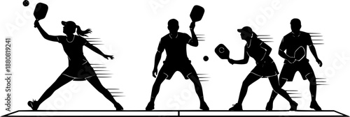 Dynamic pickleball doubles players silhouette action on court. Mixed doubles match with paddles and ball sports vector for recreation.