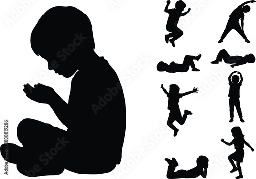Children silhouettes showing praying, jumping, playing, stretching, and resting poses, childhood emotions, activities, innocence, and lifestyle concept illustration