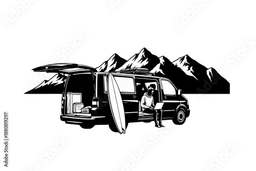 Digital nomad van life silhouette with person working on laptop. Camper van travel and remote work lifestyle concept vector.