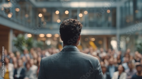 Vision announcement scene with executive inspiring employees during town hall meeting confident posture and motivated audience perfect for future vision and strategic leadership communication. © Artinun