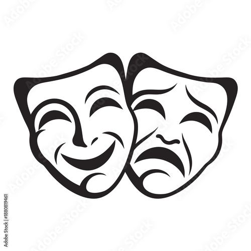 A simple black vector illustration of comedy and tragedy theater masks symbolizing drama performance and theatrical art