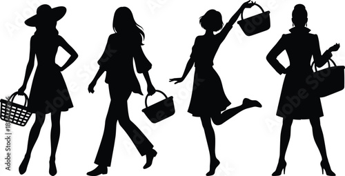 Elegant women shopping silhouettes with handbags and baskets, fashion lifestyle illustration showing female consumers, retail activity, style, and confidence