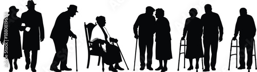 Elderly people silhouettes walking with canes and walkers, senior couples, aging together, care, support, companionship, and retirement lifestyle concept illustration
