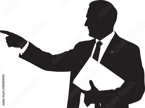 Silhouette of a man in a suit pointing with a document