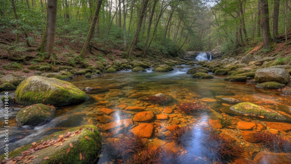 Obraz premium Tranquil forest stream flowing through nature landscape with sunlight