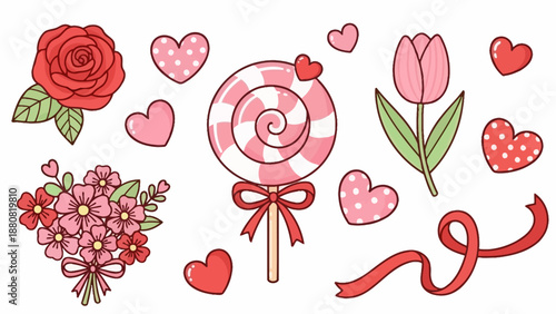 Valentine's Day Sweet Treats and Romantic Symbols - Rose, Tulip, Lollipop, Hearts
