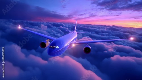 A Majestic Aircraft Gliding Through a Vibrant Sky at Sunset, Surrounded by Lush, Billowing Clouds and Bathing in the Warm Colors of Twilight, Creating a Stunning Visual Experience in Flight