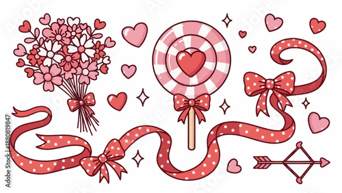 Valentine's Day Sweet Treats and Romance Symbols: Candy, Flowers, Ribbons, Hearts, Arrow