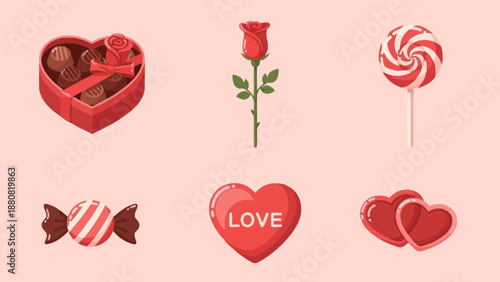 Valentine's Day Sweet Treats: Heart Box of Chocolates, Rose, Candy, Swirl Lollipop, Love Heart