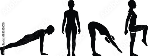 Female fitness silhouettes performing yoga and exercise poses, stretching, balance, strength training, wellness routine, and healthy lifestyle concept illustration
