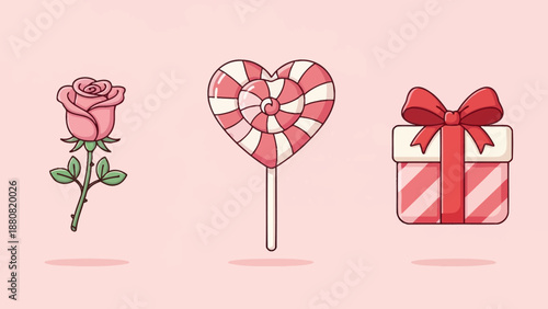 Valentine's Day Symbols: Pink Rose, Heart Lollipop, Gift Box on Pink Background