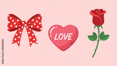 Valentine's Day Symbols: Red Rose, Heart with Love, and Polka Dot Bow