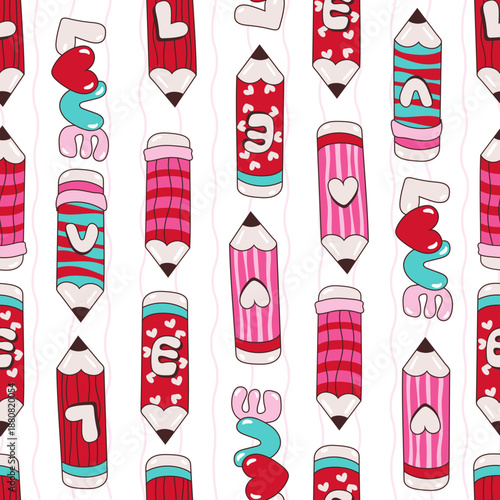 Cute Valentine’s Day seamless pattern featuring books, notebooks, pencils, hearts, and school stationery elements, wrapping paper, stationery, prints, and digital designs.