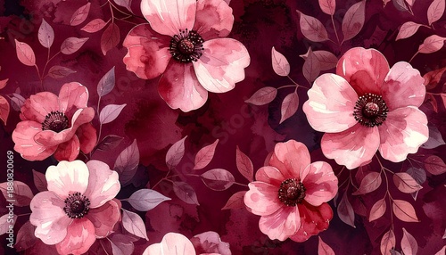 Vibrant pink flowers with dark red background and leaves pattern