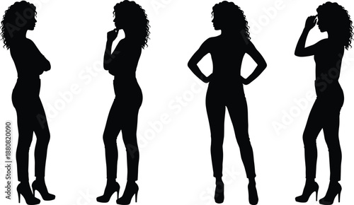 Female silhouette collection, stylish woman standing poses with curly hair, confident body language, fashion lifestyle illustration vector