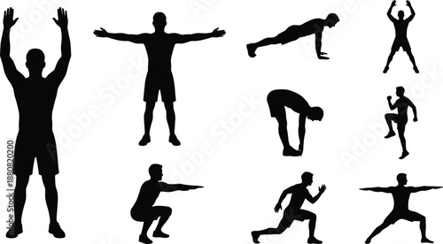 Fitness exercise silhouette collection, men performing workout stretching squat push up running poses, healthy active lifestyle training illustration vector