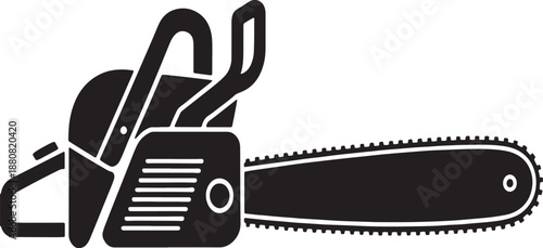 Black and white of a chainsaw with a long cutting blade cutting tool teeth