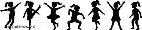 Happy girl silhouettes dancing and jumping, playful childhood movements, energy, joy, freedom, kids activity, and cheerful lifestyle concept illustration
