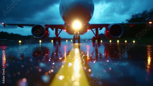 A Majestic Airplane on a Rain-soaked Runway: Captivating Scene of a Jet Preparing for Takeoff Under Dramatic Cloudy Skies with Reflective Surfaces Enhancing the Atmosphere of Flight