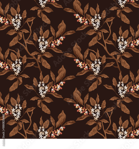 Botanical coffee branch pattern with white jasmine-like flowers and autumn brown leaves on dark background