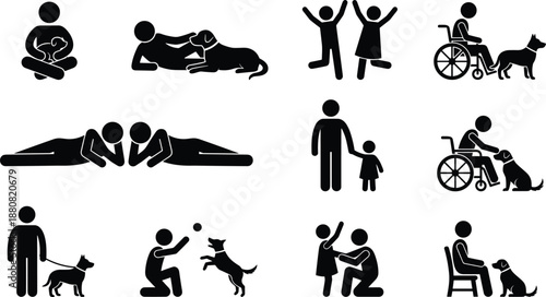 Human activity icon silhouette collection, people with pets children disability care bonding moments, social lifestyle symbols, black pictogram illustration vector