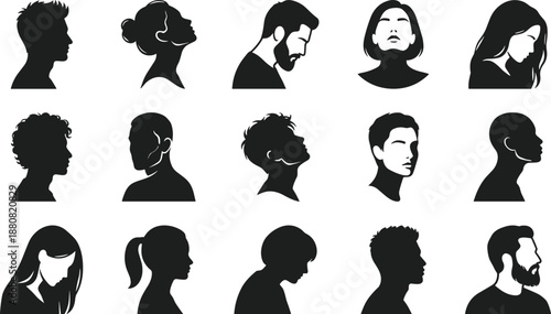 Human face silhouette collection, men and women profile head portraits, different hairstyles emotions angles, modern people avatar illustration vector