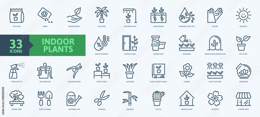Fototapeta premium Indoor plants, web icon collection, thin lines, outline icons. The set contains images of indoor plants, flowers, growing, watering, and plant care.