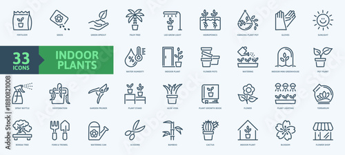 Indoor plants, web icon collection, thin lines, outline icons. The set contains images of indoor plants, flowers, growing, watering, and plant care.
