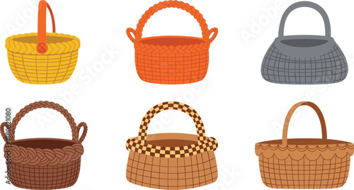 Wicker basket collection set woven picnic storage containers rustic flat vector illustration isolated on white background
