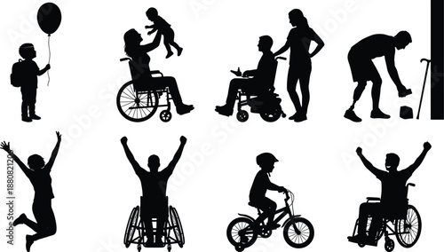 Inclusive life silhouettes showing disability, family support, play, work, cycling, celebration, independence, accessibility, and diverse everyday activities concept illustration