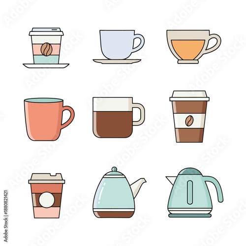 Colorful coffee and tea cups with coffee makers mugs