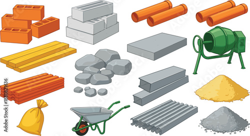 Construction Materials Collection Flat Vector Illustration Set with Bricks, Cement, Sand, Tools, and Building Supplies